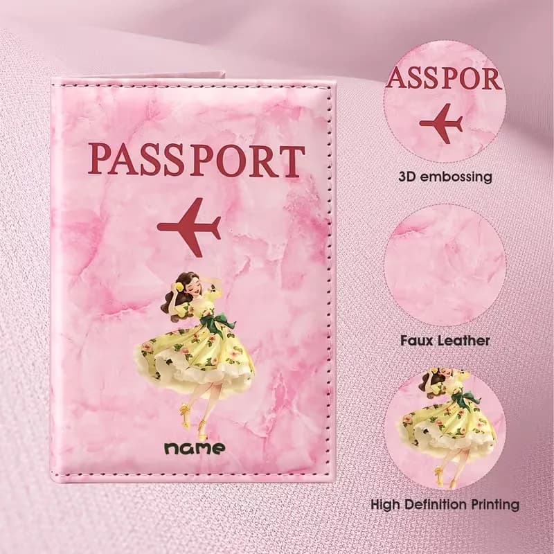 Custom Name Elegant Ballerina Illustration Design PU Passport Holder, Featuring a Watercolor-style Dancer Gracefully Dancing