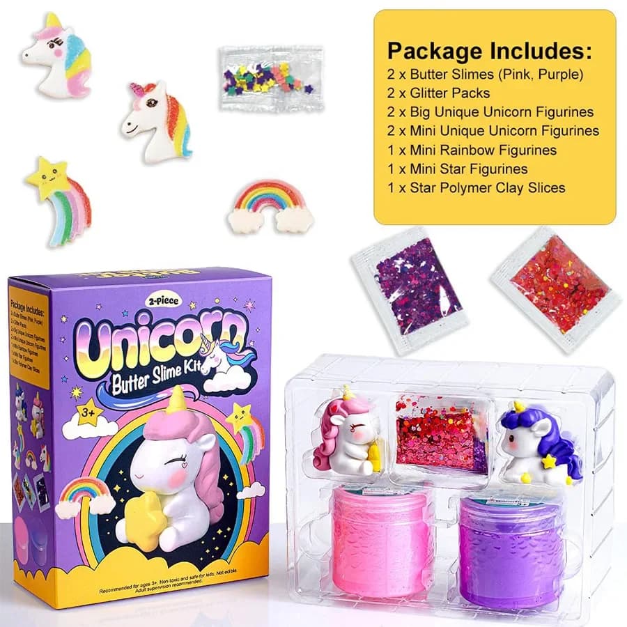 Kit Fai-da-Te per Slime al Burro, 2 Confezioni con Glitter Unicorno e Arcobaleno, Giocattolo per Feste per Bambini