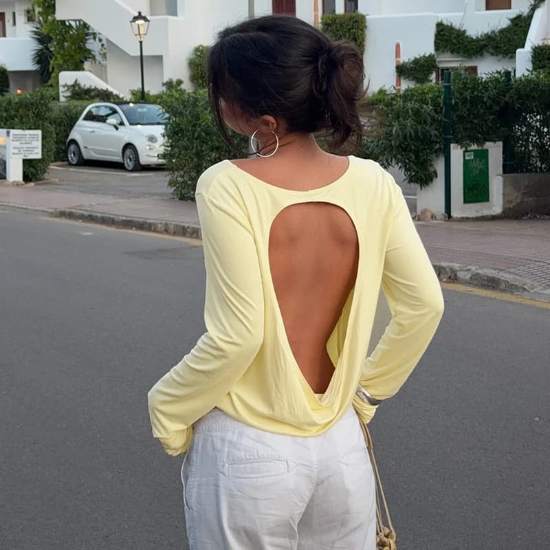 Sexy Backless Long Sleeve Hollow out Top Women's Moisture Wicking round Neck T-Shirt Commute Style Pure Color Loose Fit