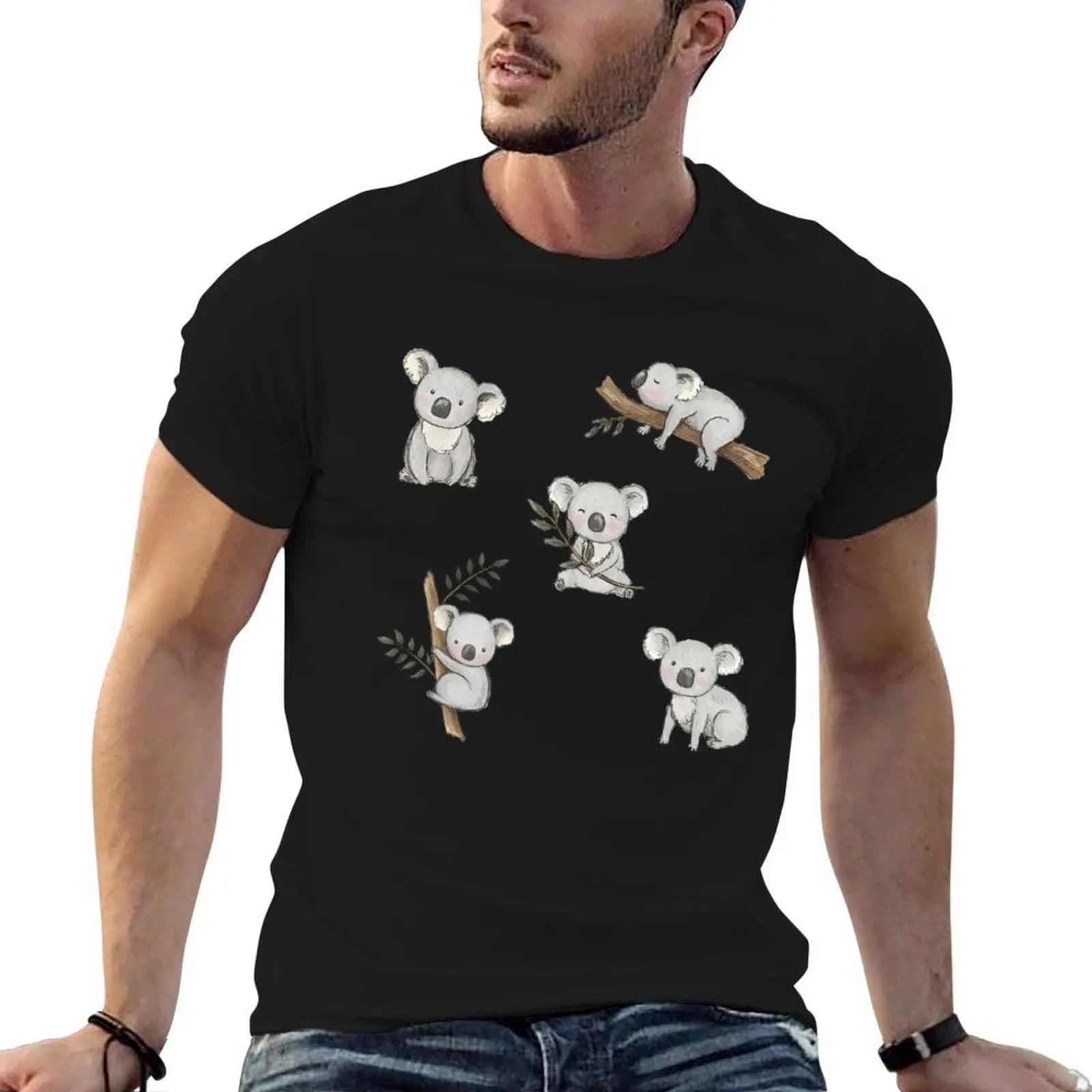 Aussie Animals: T-shirt con stampa di simpatici koala, t-shirt da uomo, t-shirt da uomo di design, t-shirt casual da uomo con grafica