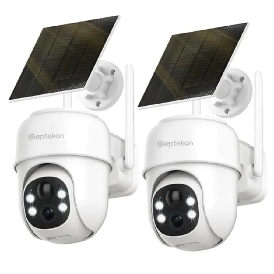 360 ° Telecamere di Sicurezza PTZ Wireless da Esterno, Confezione da 2, Telecamere 2K Alimentate a Batteria Solare, Telecamera WiFi 2.4G con Faretto, Rilevamento Movimento