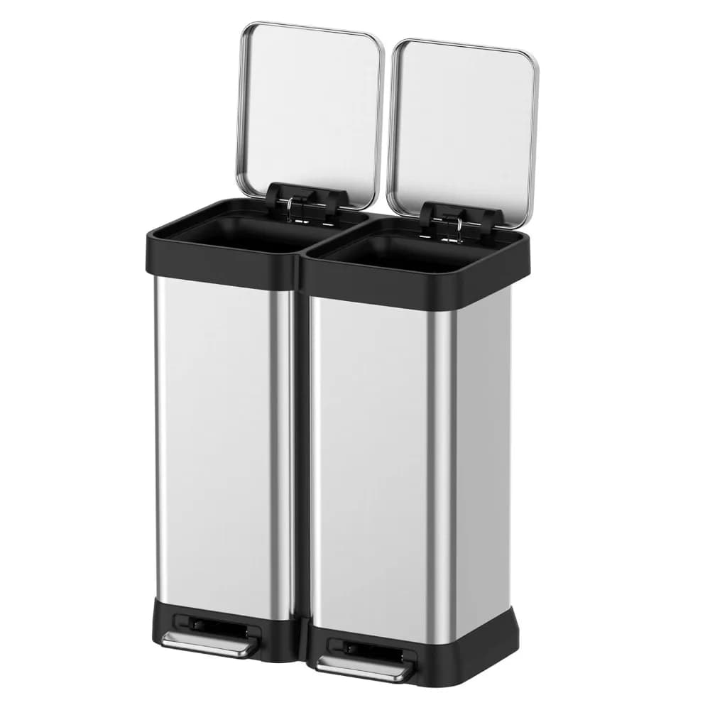Bidone della spazzatura e del riciclaggio doppio da 16 galloni, bidone della spazzatura da cucina in acciaio inossidabile a prova di impronte digitali da 60 l (2x30 l) con doppio coperchio, mani-