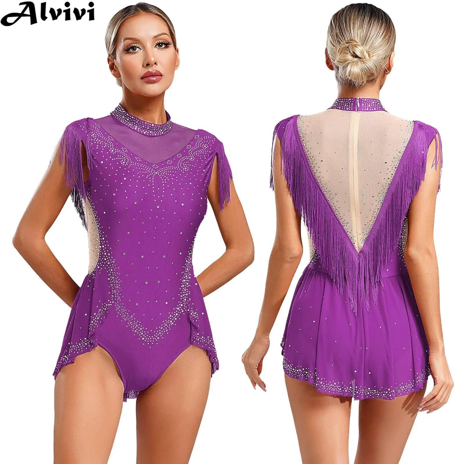 Body da ginnastica per balletto da donna, pattinaggio di figura, vestito da ballo latino lirico, senza maniche, strass, rete, nappa, body da ballo