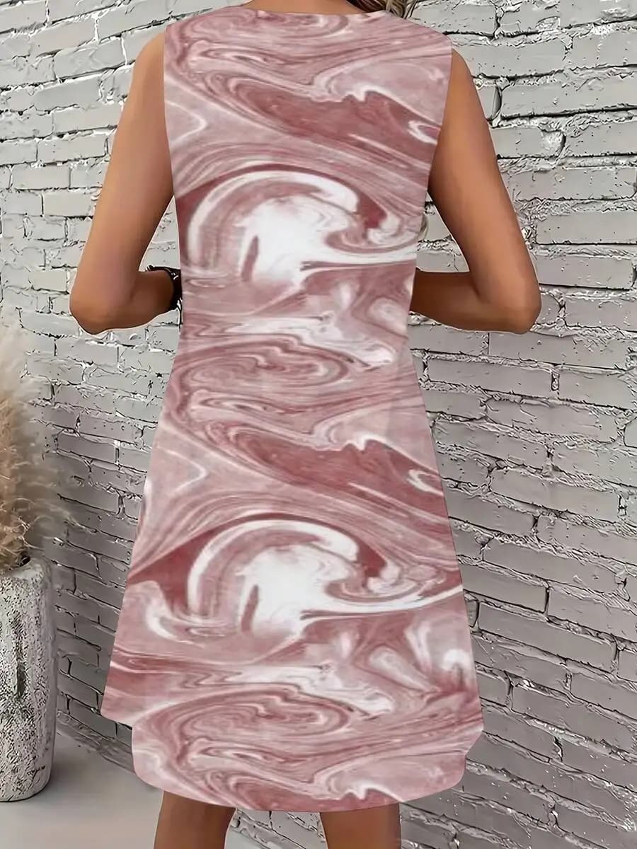 Womens Sleeveless Marbled Print Dress Round Neck Loose Fit Casual Spring Summer Outfit