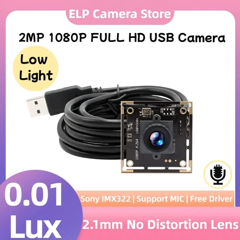 USB camera module ELP 2MP 1080P FULL HD with MIC IMX323 H.264 0.01Lux mini low-light USB webcam for Windows, Linux, Android