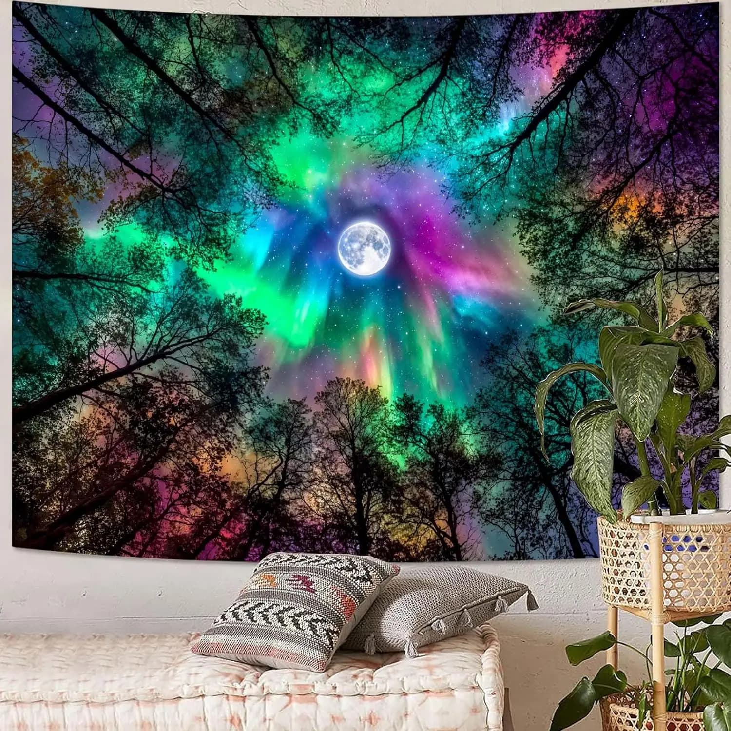 Abstract Rainbow Northern Lights Moon Forest Tapestry Trippy Wall Hanging Aesthetic Decor for Bedroom Dorm Living Room