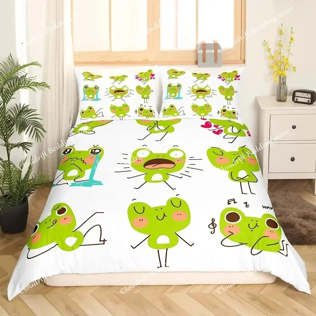 Cartoon Frog Duvet Cover Set Light Green Cartoon Frogs Cute Dragonfly Animal Bedding Set for Boy Twin Size Polyester Quilt Cover