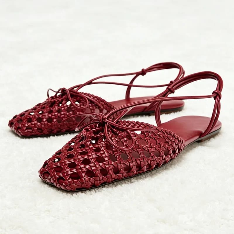 Luxury Braided Hollow Flat Sandals Women Bow Detail Square Toe Slingback Designer Shoes Street Style Comfort Summer Women's Shoe