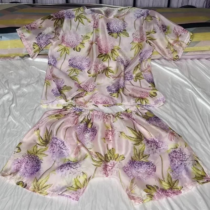 Men Sexy Glossy Plus Size Silk Satin See Through Pajamas two-piece Set Women Erotic Soft Silky Printed Loose Sleeping Top Shorts