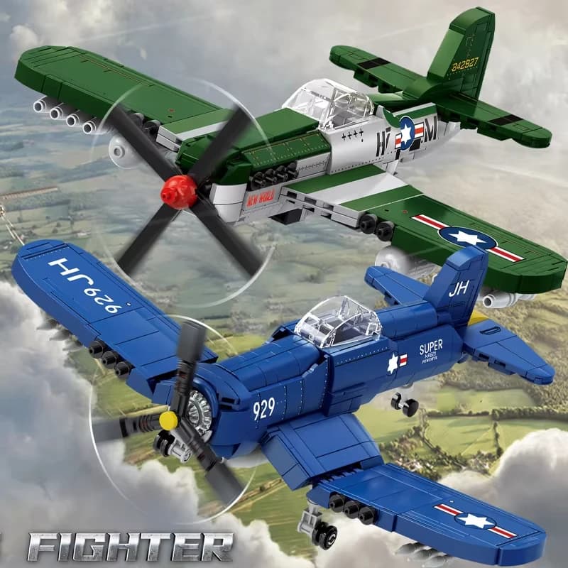 Hot WW2 Military Fighter Plane Building Blocks US F4U Corsair Model P-51 Bricks Air Weapon Serise Toy For Boys Birthday Gift