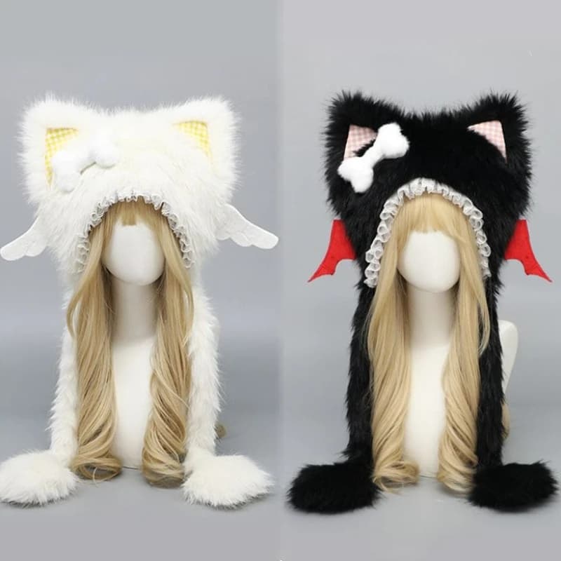 Kawaii Plush Hat Yellow Checkered Neko Ear Angel Wing Caps Soft Girl Cute Winter Warm Earflap Hat Cosplay Accessories Streetwear