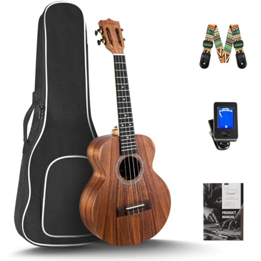 Ukulele da Concerto CC207 23 Pollici in Legno di KOA e Acacia per Adulti e Principianti, Kit con Corde in Carbonio, Accordatore Digitale e Tracolla