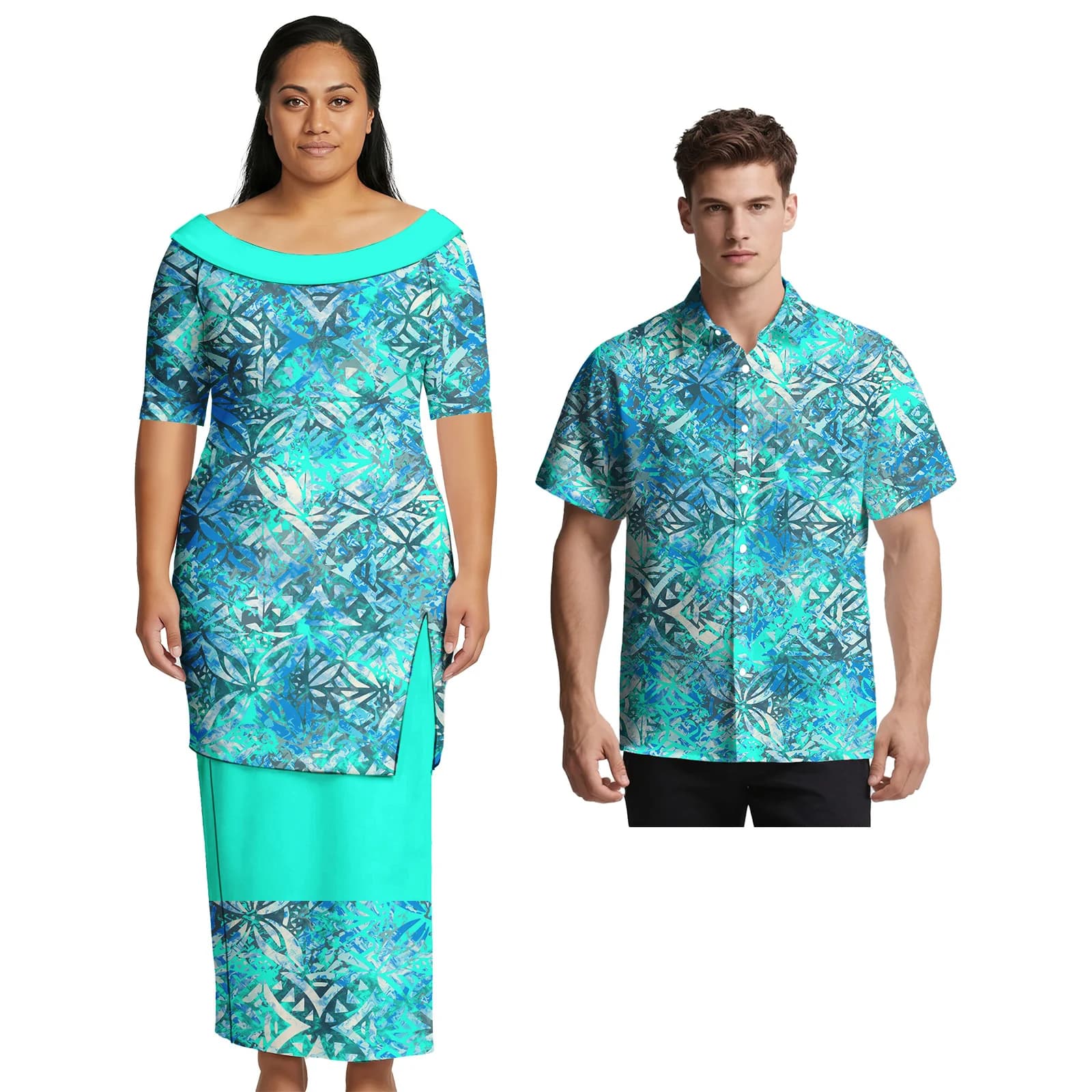 Abbigliamento per Coppie Asia e Isole del Pacifico, Gonne Personalizzate Aloha per Donne, Camicie Casual Samoane per Uomini, Outfit Coordinati Tribali per Coppie