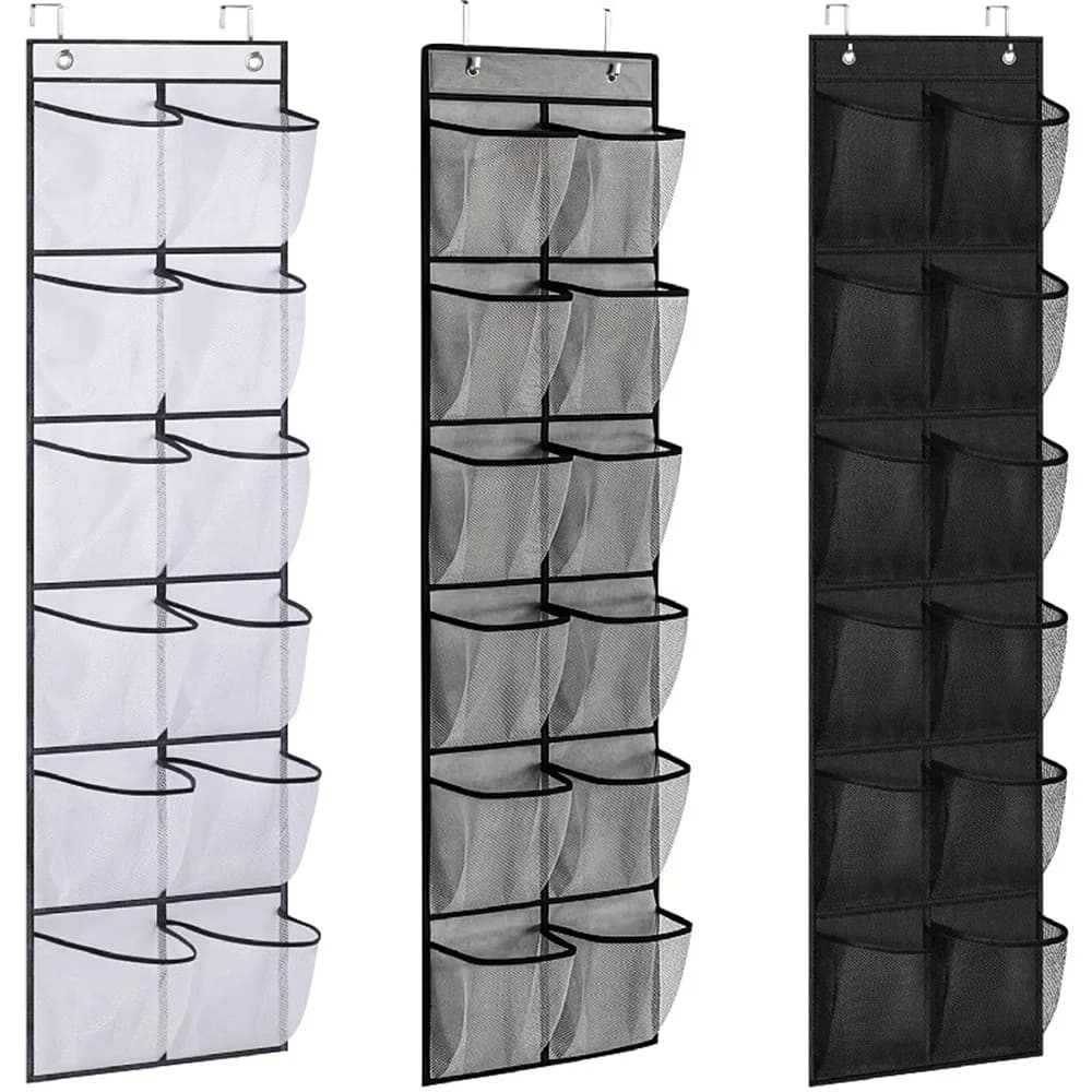Organizer for hanging shoes on the door with 12 mesh pockets, 2 hooks, transparent fabric, bedroom bag