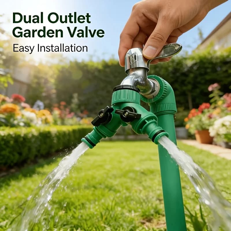 Valvola a Y per Tubo da Giardino a Doppia Uscita con Connettore Universale, Sdoppiatore per Rubinetto a 2 Vie con Valvole di Chiusura Indipendenti