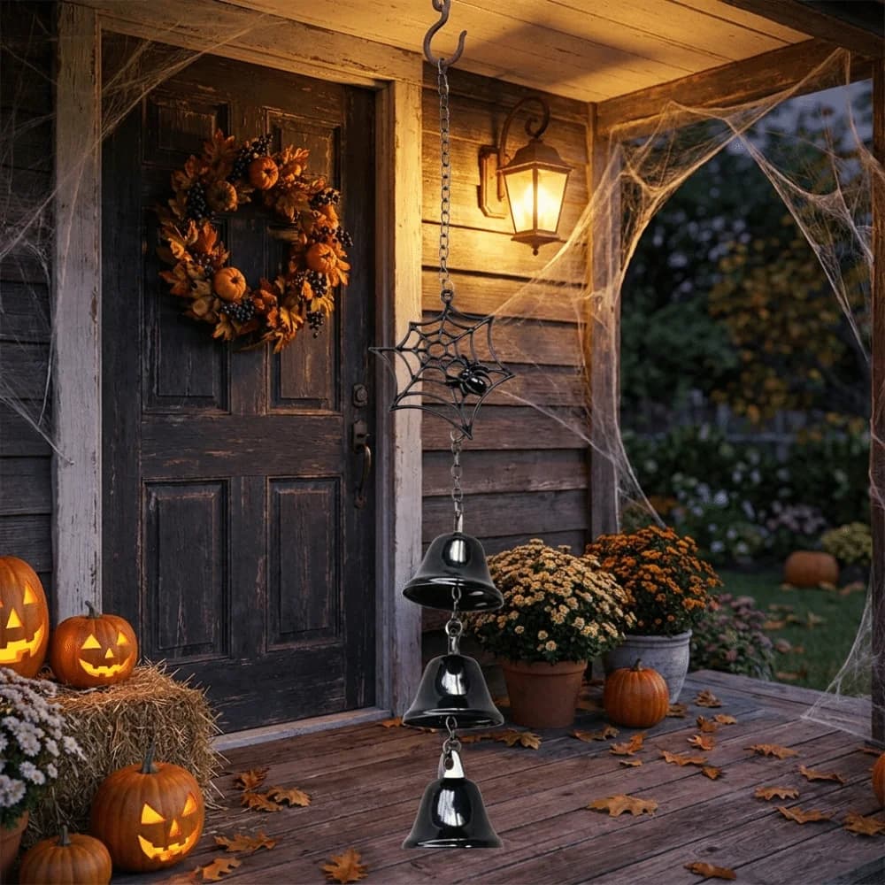 Funny Retro Halloween Wind Chime Spooky Fantasy Spider Web Wind Chime Triple Bell Gothic Cross Pendant Courtyard