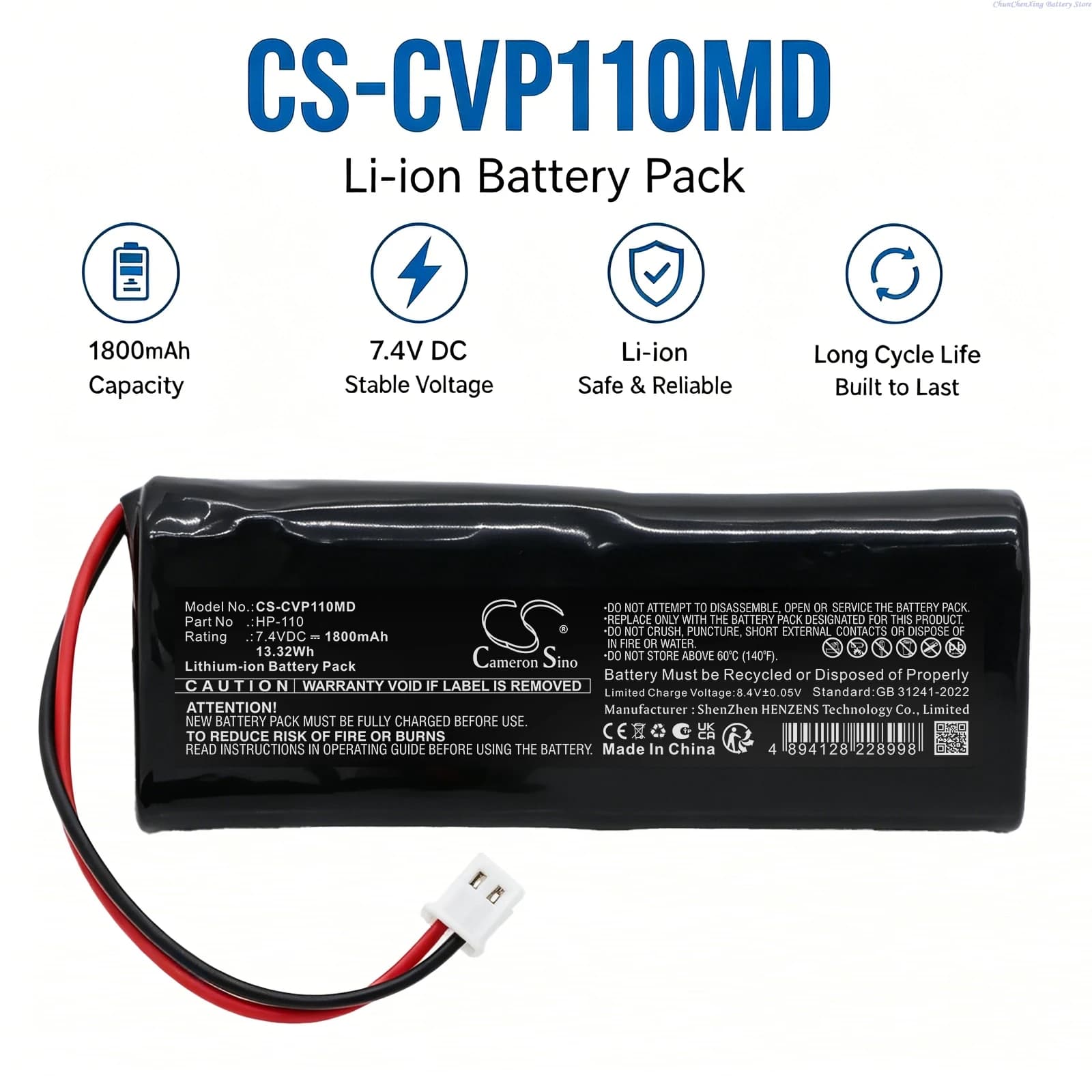 Batteria di Ricambio Cameron Sino 7.4V 1800mAh per Ossimetro Portatile Care Vision HP-110