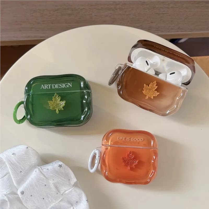 3D Maple Leaf Case Gradient Translucent Design, Full Protection for AirPods 4 3 2 1 Pro Pro 2 Pro3 Series Cute Fall Accessory