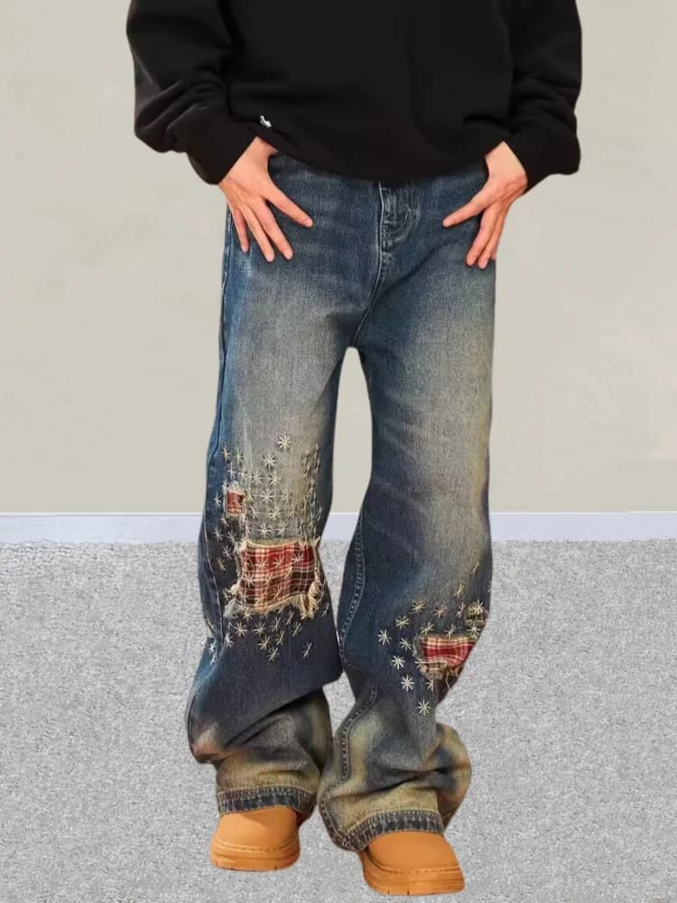 2025 Ropa Y2K Streetwear Plaid Patchwork Baggy Jeans impilati Pantaloni per uomo Abbigliamento Dritto Pantaloni in denim blu Pantaloni Uomo