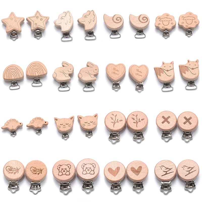 5 pz/lotto di grado alimentare di faggio ciuccio di legno Clip cuore animale arcobaleno modello fittizio supporto Clip per la dentizione fai da te ciuccio catena