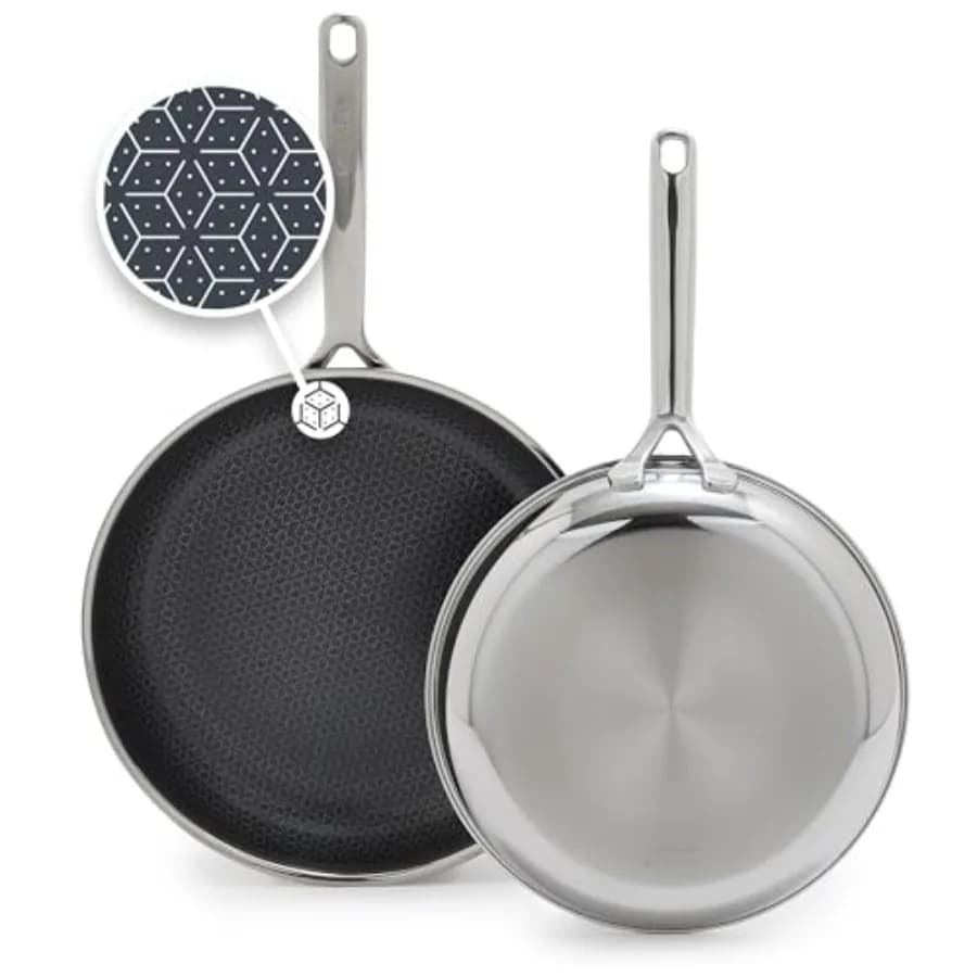 Padella 10-12 Pollici Ibrida in Acciaio Inox Tri-Ply Verde, Superficie Antiaderente in Ceramica Senza PFAS, per Cottura a Induzione