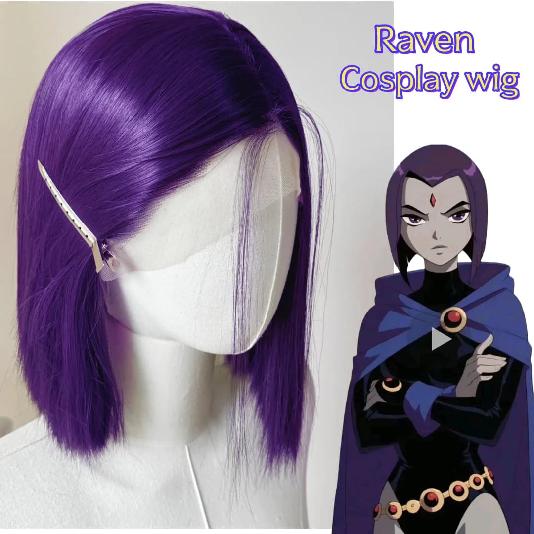 Parrucca Cosplay Starfire Raven Parrucche anteriori in pizzo viola corto dritto 12 pollici 13x4 HD Frontale in pizzo Natura dall'aspetto dei capelli Ognissanti