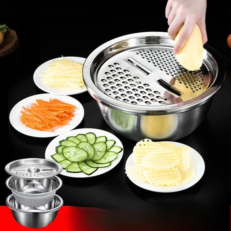 Set di 3 Pezzi: Affettatrice per Verdure in Acciaio Inox, Lavatrice per Verdure, Cestello Scolapiatti Multifunzionale