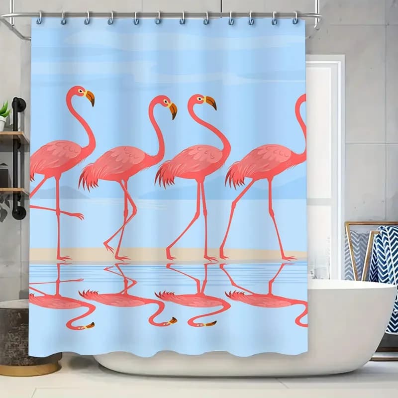 Decorazione moderna per il bagno: tenda da doccia per vasca color lavanda con fantastici fenicotteri rosa sullo sfondo azzurro, perfetta per l'aggiunta di un P