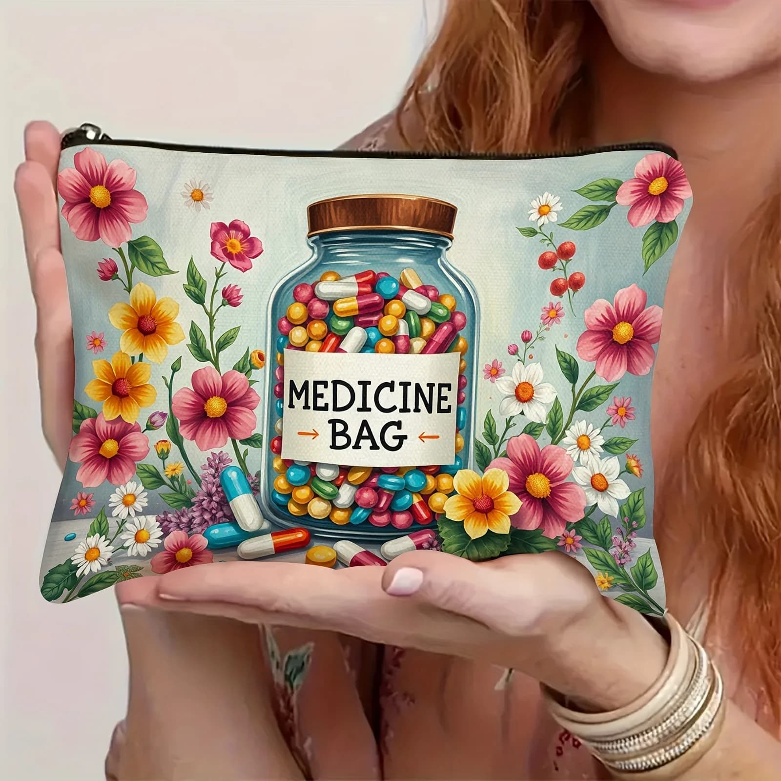 Borsa portaoggetti con stampa floreale per flaconi di medicinali, borsa riutilizzabile, perfetta per l'uso quotidiano, i viaggi e la conservazione dei farmaci