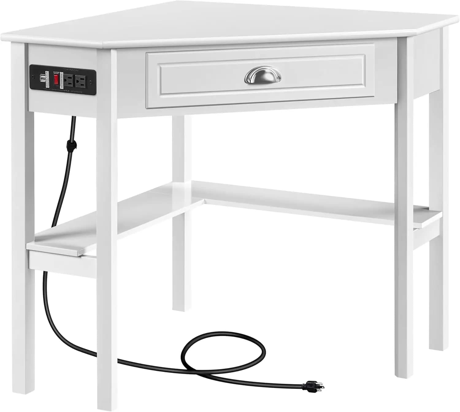 Scrivania angolare a L con prese di corrente, porte USB, cassetto e ripiano per ufficio domestico o gaming in spazi ridotti