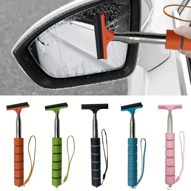 Stainless Steel Telescopic Car Rearview Mirror Wiper Retractable Layered Brush Head Handheld Windshield Window Cleaning Brush To