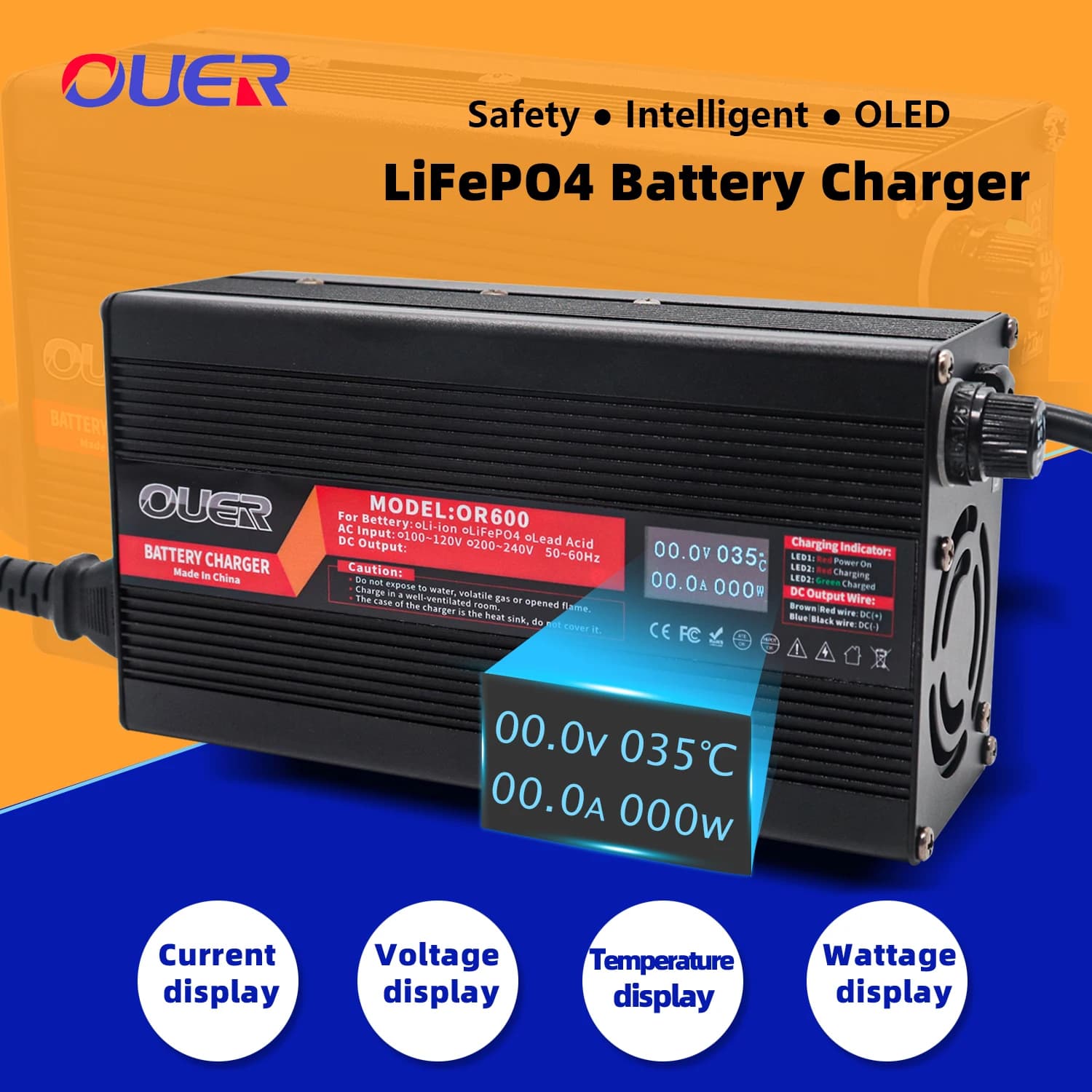 Caricabatterie intelligente in alluminio 58,4 V 10 A per batteria LiFePO4 16S 51.2 V 48 V esterna sicura e stabile con display OLED