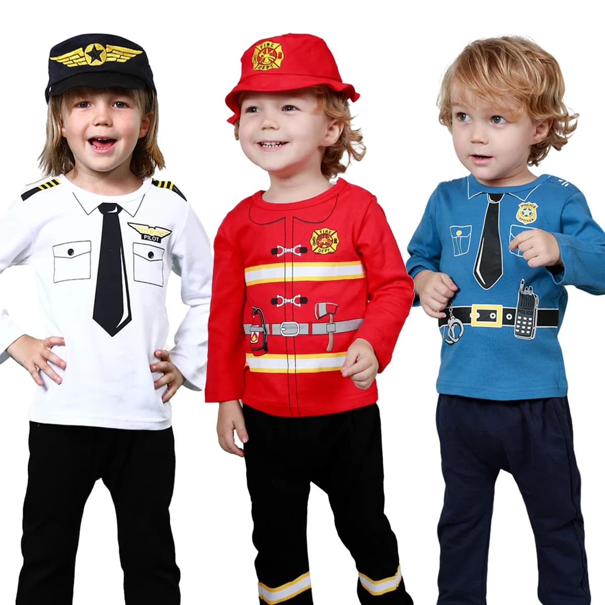 Costumi da pilota per ragazzi Abbigliamento da pompiere per bambini Abiti da festa per cosplay della polizia infantile Set pantaloni lunghi con cappello Costume di Halloween