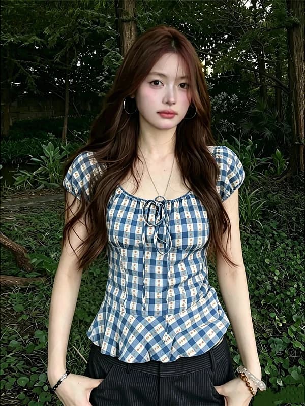 Sweet Floral Blue White Plaid Short Sleeve Women's Shirt Korean Style Bubble Sleeve Square Collar Waist Cinched Blouse