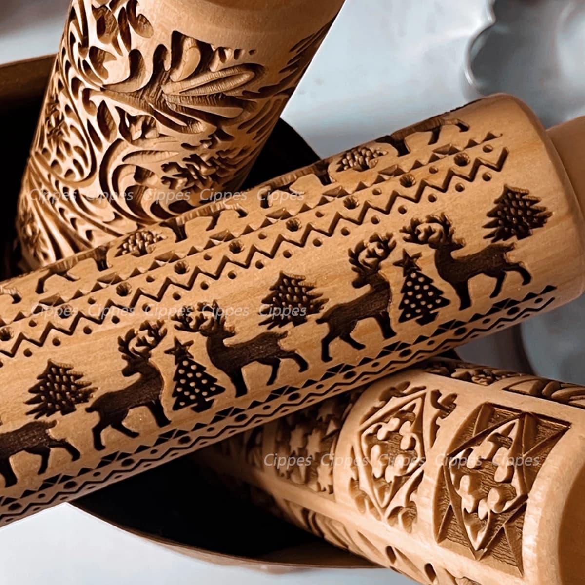 Mattarello natalizio con motivi di fiori di renna, stampo per biscotti 3D in rilievo in legno inciso al laser strumenti di cottura fai da te rullo di pasta