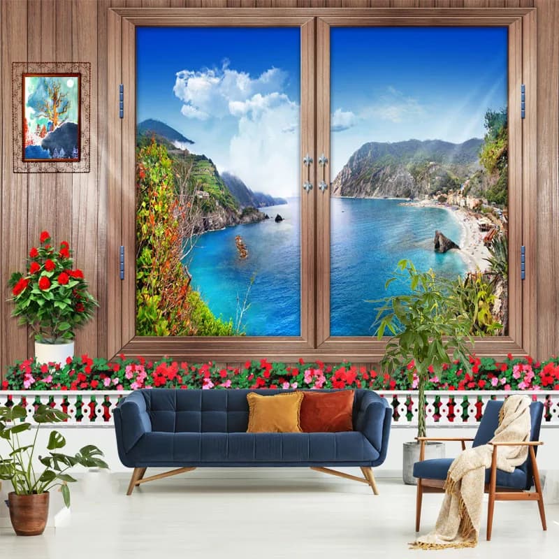 Simulation window tapestry forest mushroom scenery wall hanging flower mural art bedroom home decoration