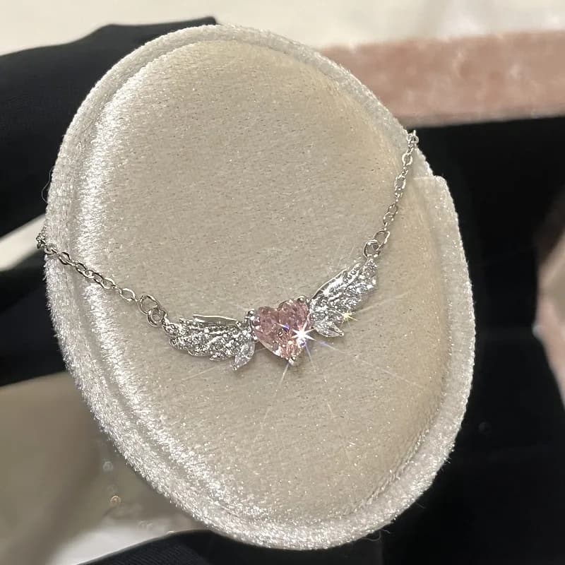 Luxury Sweet 925 Sterling Silver Angel's Wing Pink Crystal Heart-shaped Pendant Necklace for Woman Collarbone Chain Jewelry Gift