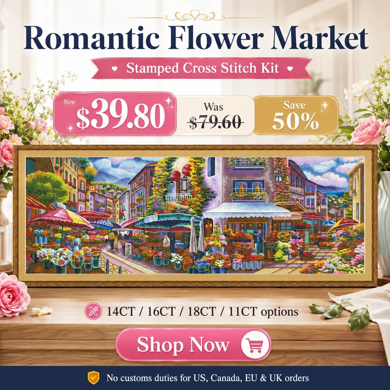 ZZ5855-Romantic Flower Market 11CT 14CT 16CT DIY Stamped Cross Stitch Kit with Printed Canvas and Cotton Threads Embroidery