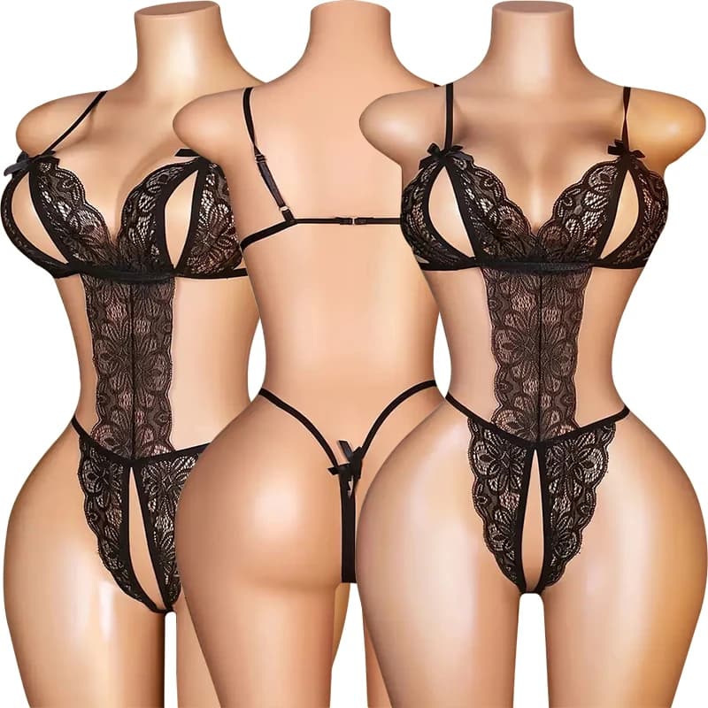 Camicie da notte Sexy senza cavallo Lingerie erotica donna pizzo Bowknot camicie da notte vuote profondo V reggiseno aperto pigiama Teddy Baby Doll camicia da notte