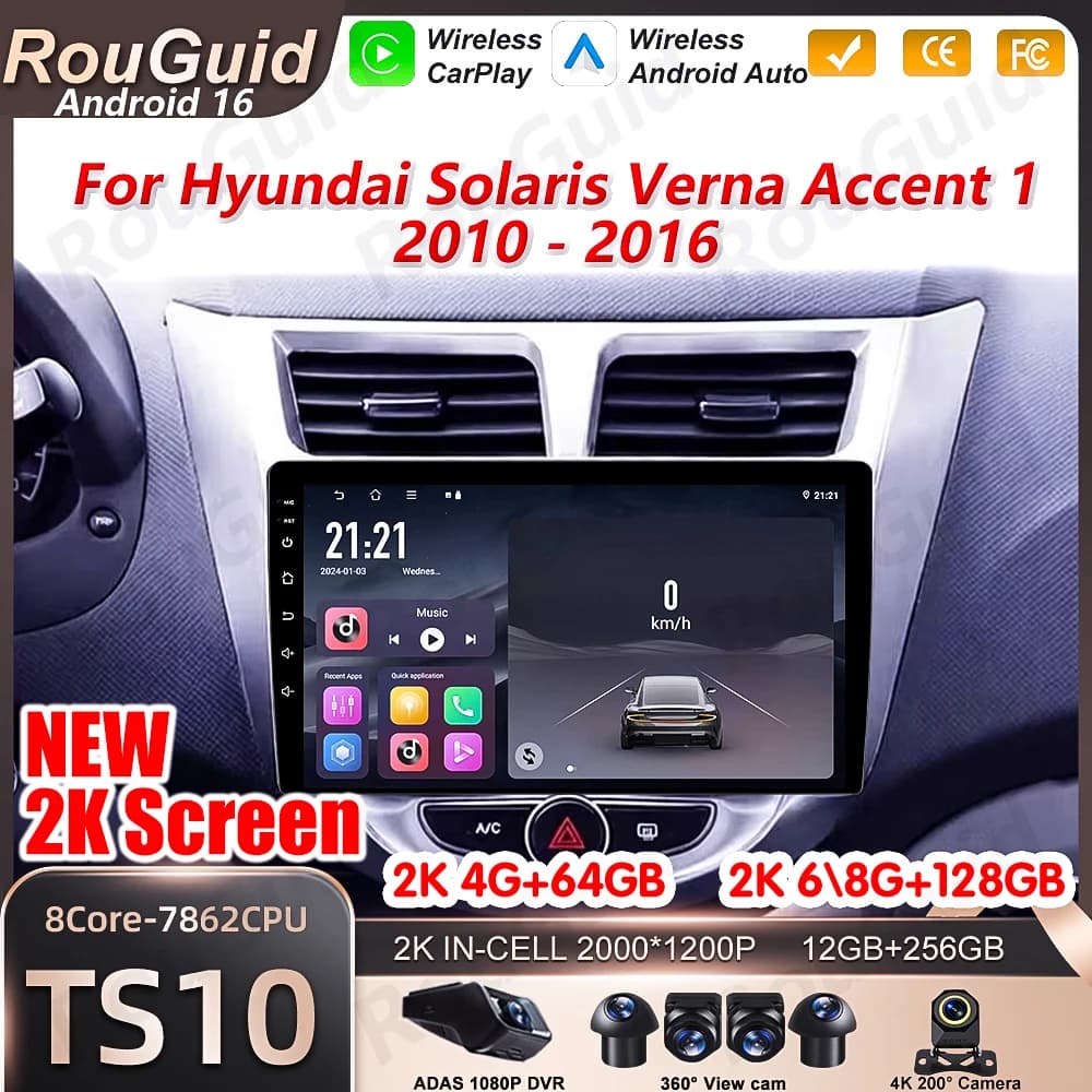 Autoradio Android 16 per Hyundai Solaris Verna Accent 1 2010 2011 2012 - 2016 Lettore Multimediale 5G Wifi Bluetooth Wireless GPS