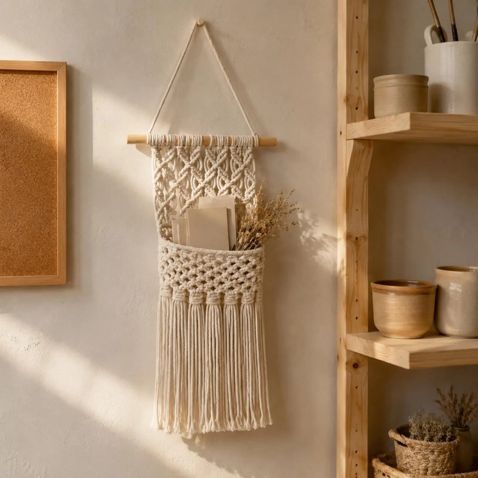 Tappeto da Parete Intrecciato con Design Bohemien, Decorazione Murale in Filato, Arazzo in Corda di Cotone con Frange