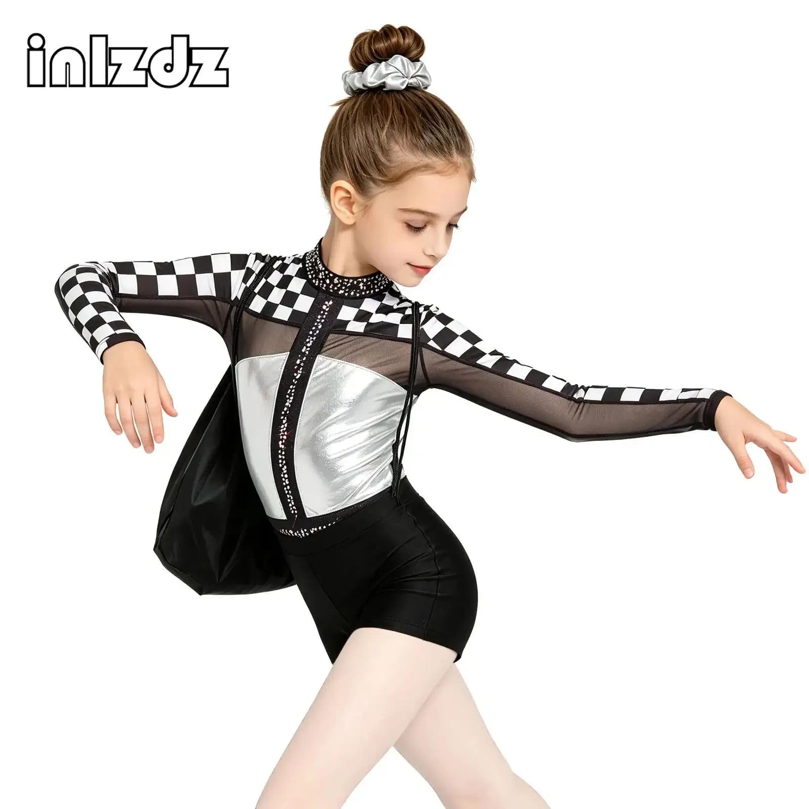Teens Girls Rhinestones Ballet Leotard Bodysuit for Gymnastics Figure Skating And Shorts with Hairtie Drawstring Gym Bag Outfit