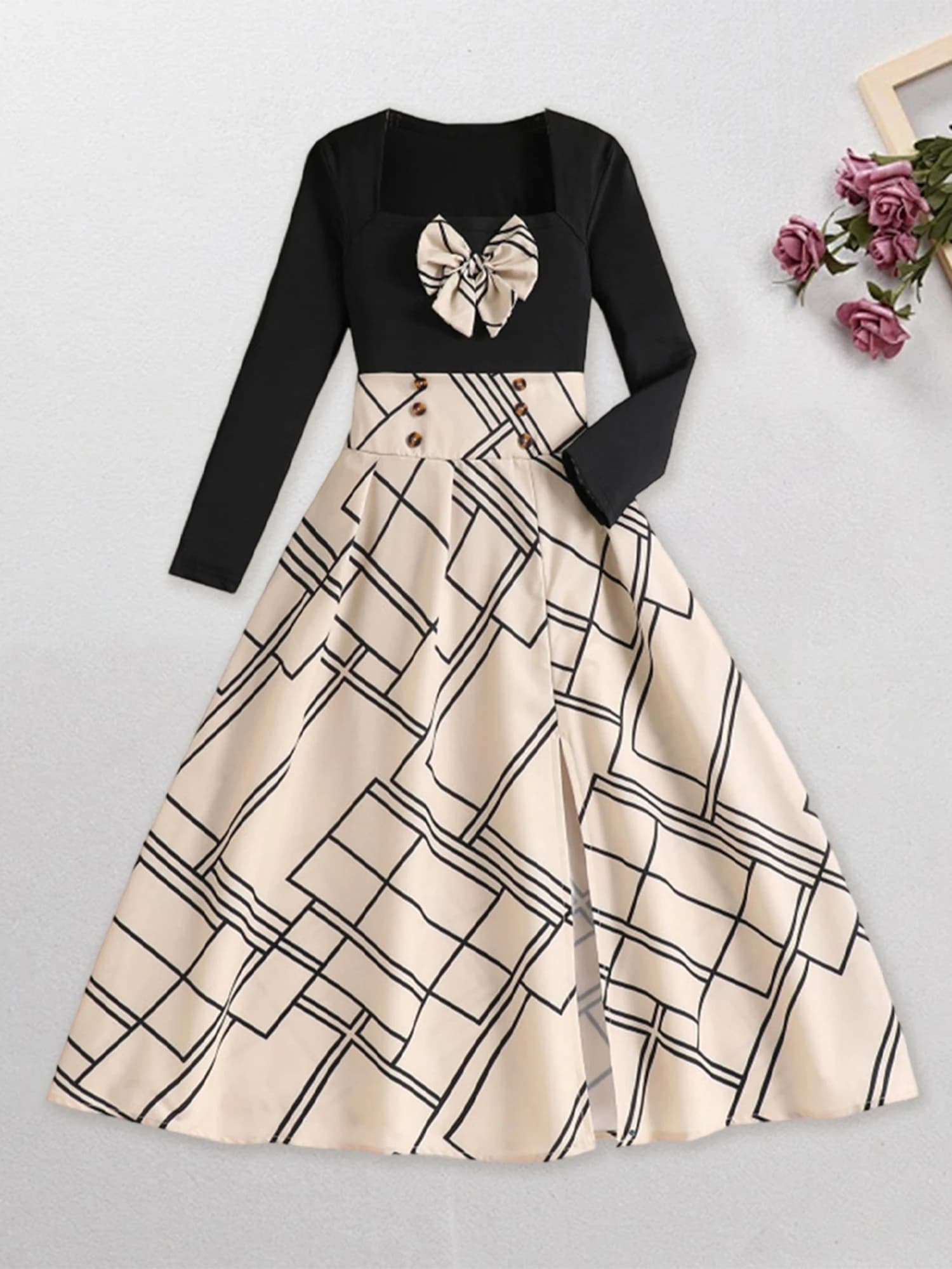Stylish Girls Autumn Ensemble Chic Long Sleeve Top with Bow Detail and Matching Plaid Skirt for a Trendy Look