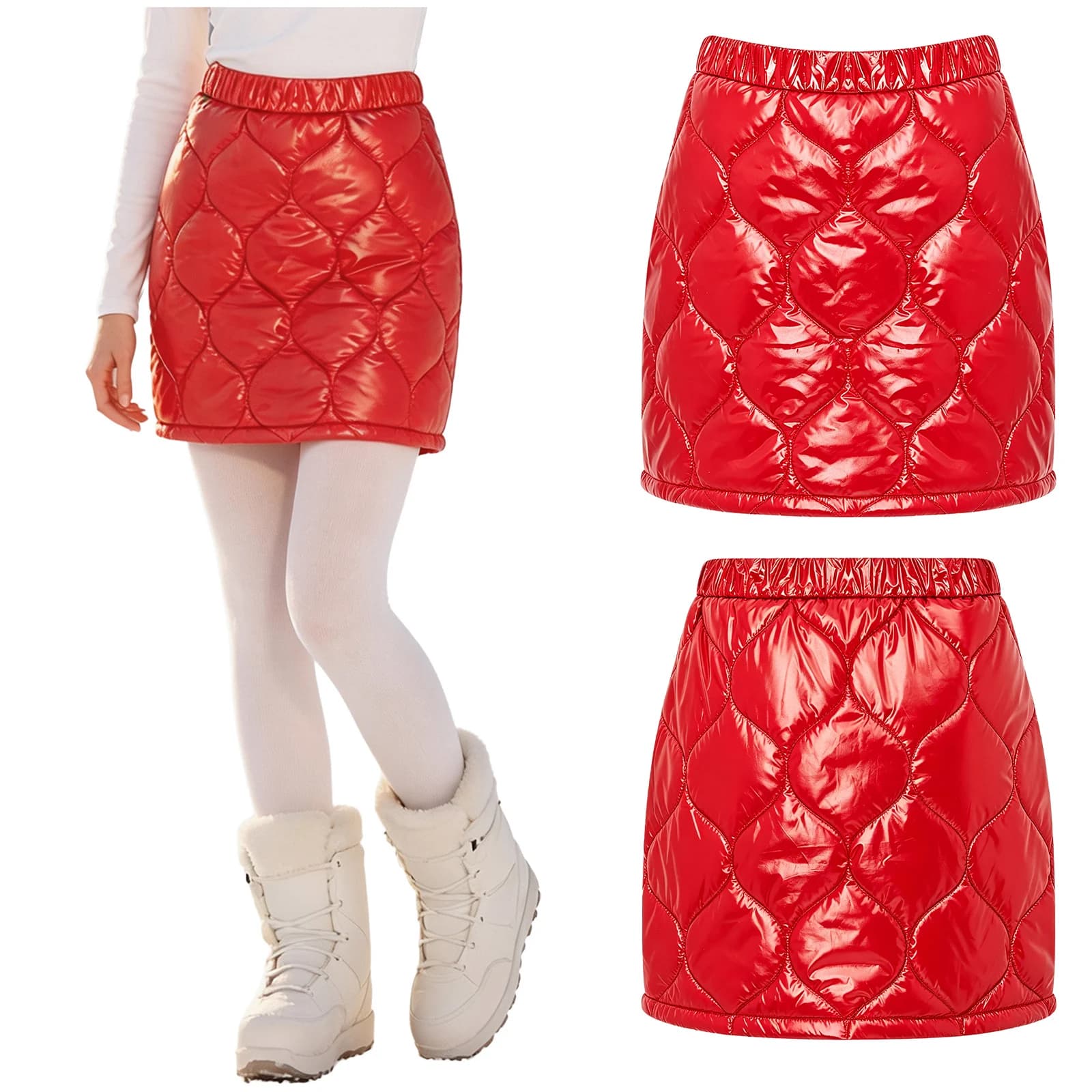 Womens Quilted Puffer Skirt Elastic Waistband Side Zipper A-line Miniskirt Waterproof Padded Skirt for Club Party Hiking Walking