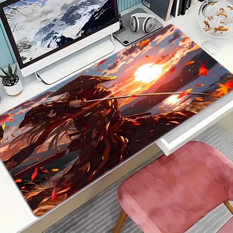 Tappetino per mouse esteso Samurai Sunset Anime, in gomma premium antiscivolo con bordi cuciti, tappetino da scrivania per gaming