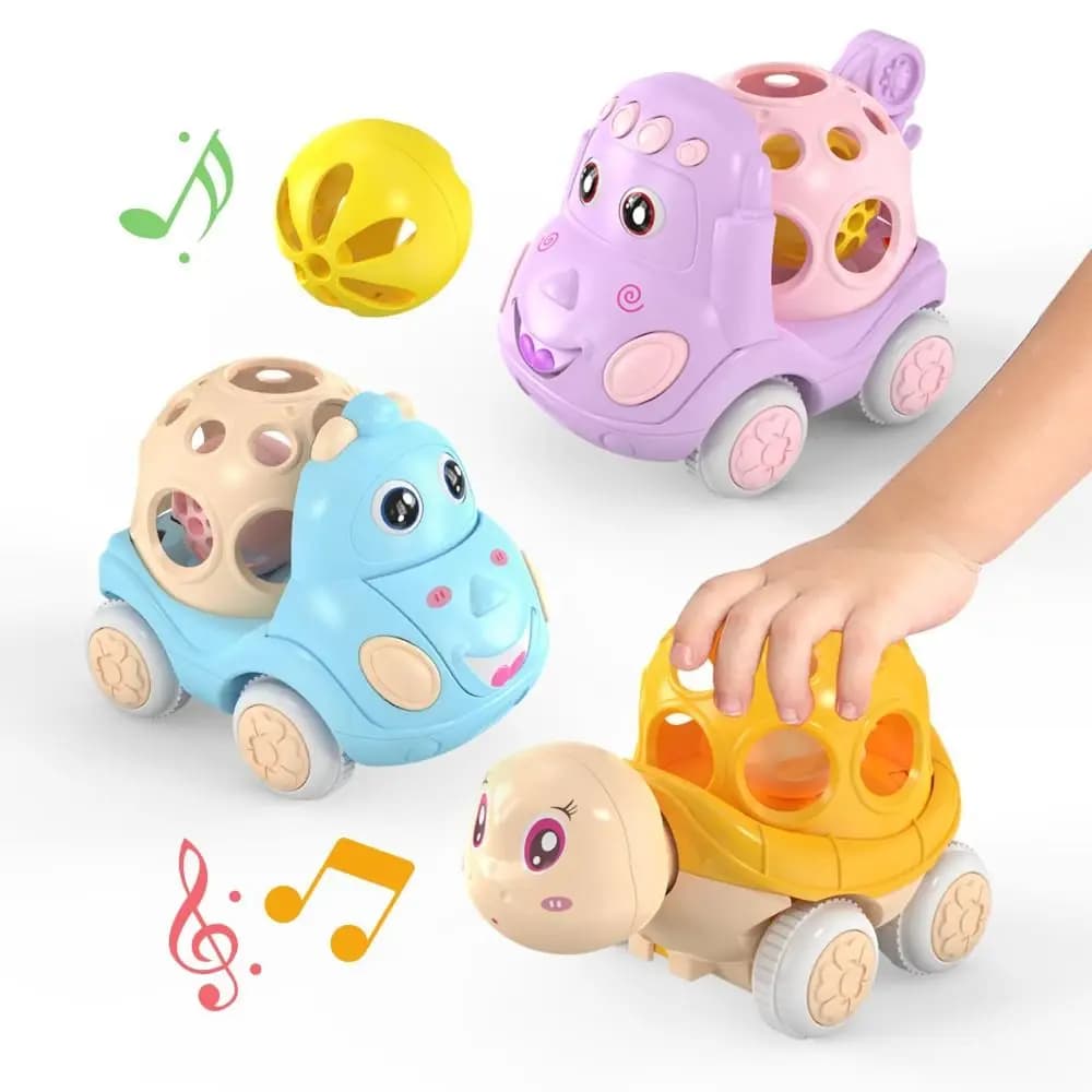 Auto per bambini in gomma morbida Giocattolo alimentato ad attrito Press and Go Sonaglio Roll Cars Regalo di cartoni animati Inerzia Tirare indietro l'auto per 1-3 anni