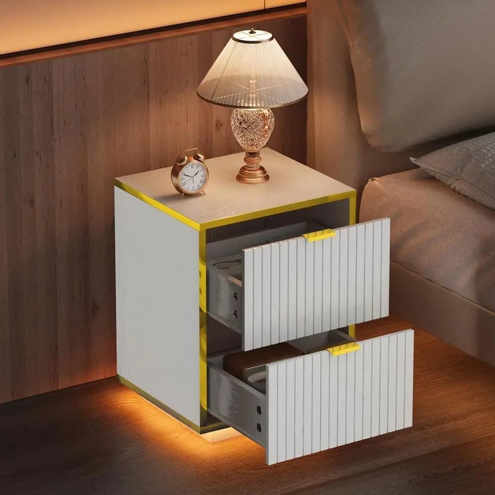 Comodino Moderno con Luci LED e Cornice Dorata, Comodino Scanalato con Cassetti, Tavolino da Notte con Spazio Contenitore, Tavolino Laterale per