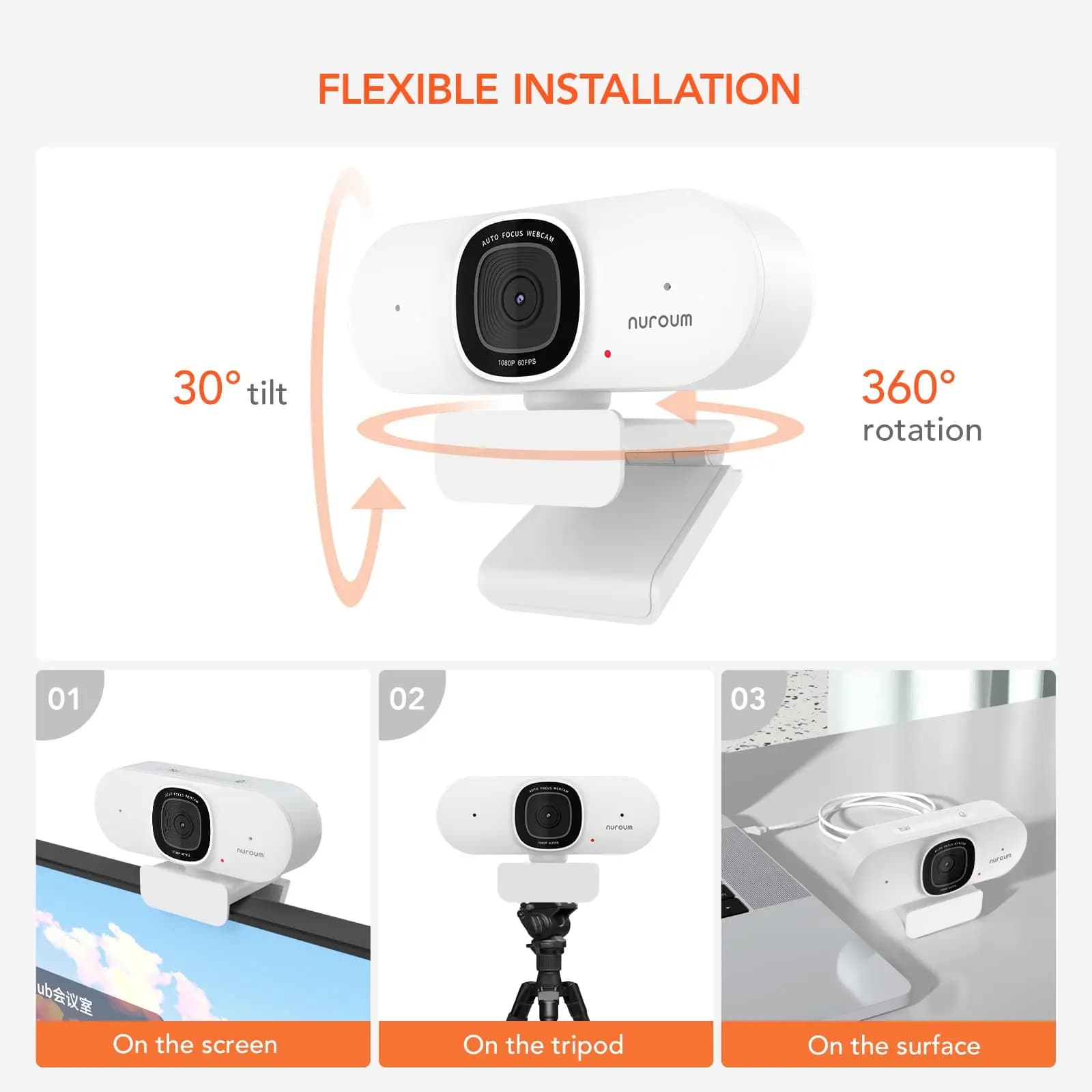 NUROUM V15-AF 75 ° Large angle 2K Full Hd 30fps with USB microphone videoconference for Mac laptop PC