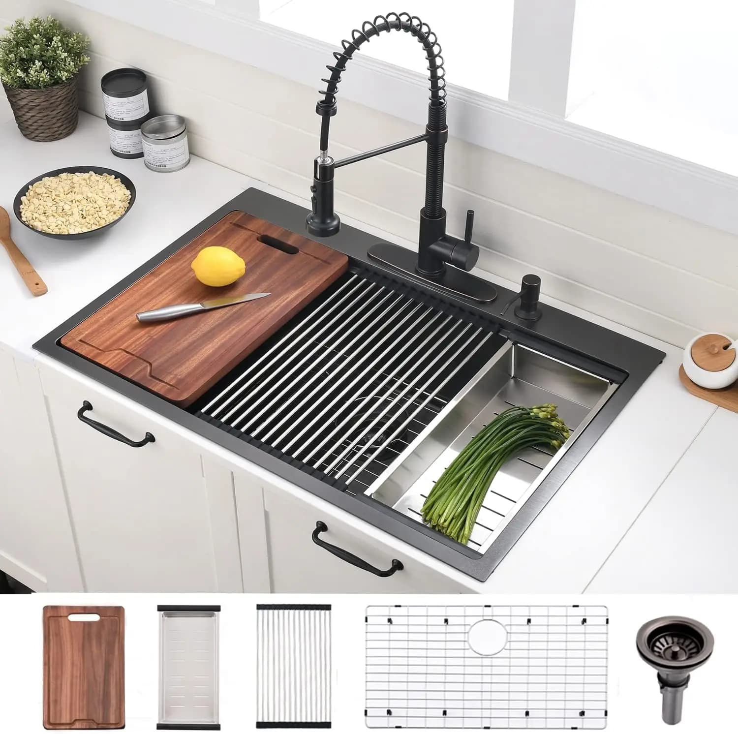 33 inch black recessed kitchen sink with work surface, cutter and squeezers, stainless steel top mounting, single gauge 16