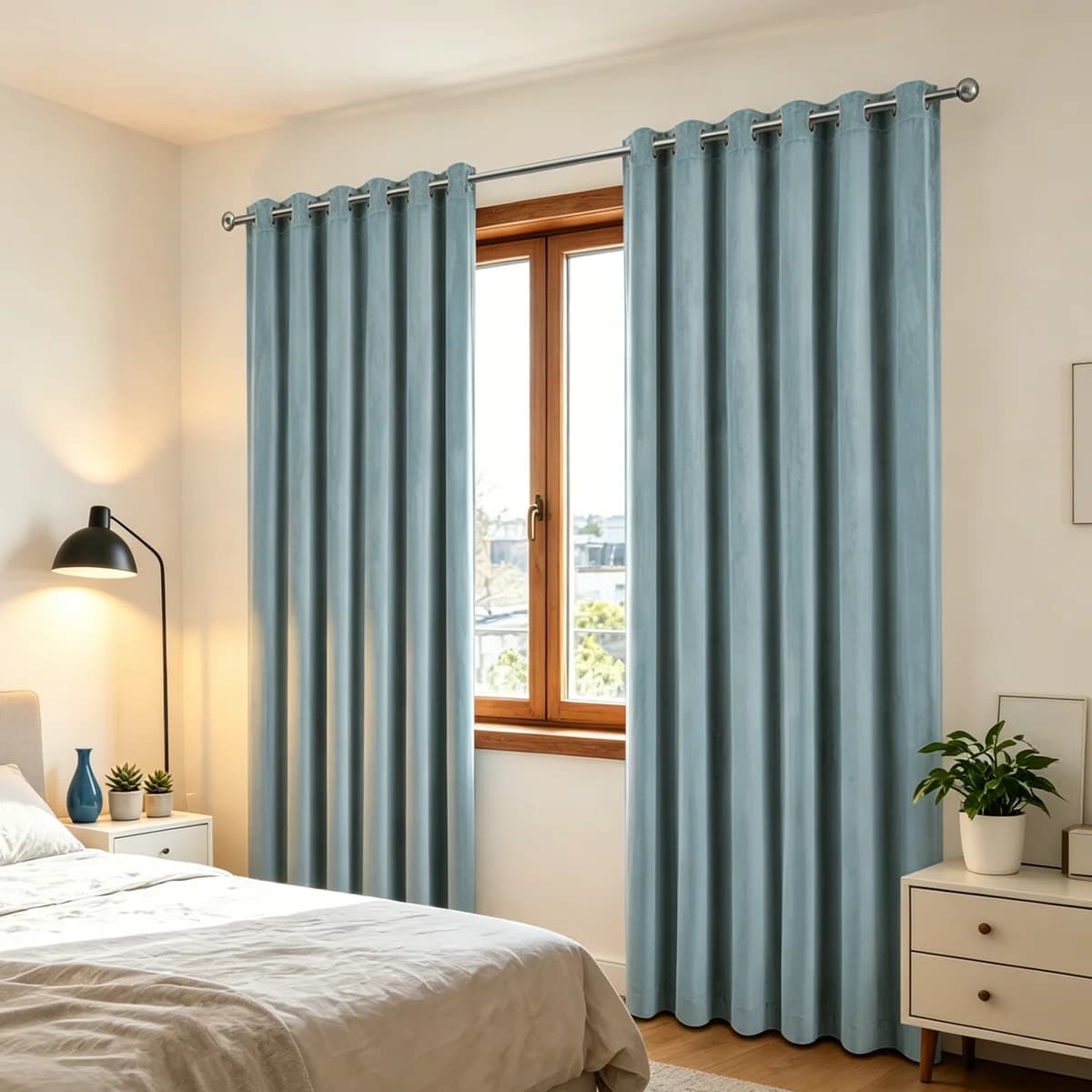2 Panels Dusty Blue Velvet Curtains, Blackout Thermal Insulated Grommet Drapes for Bedroom & Living Room